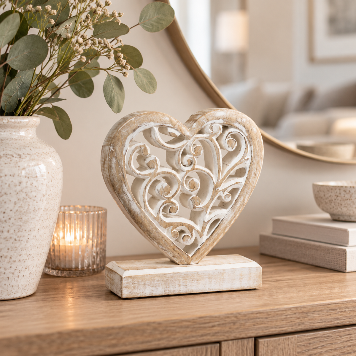 White Wash Wooden Heart Ornament, 16cm