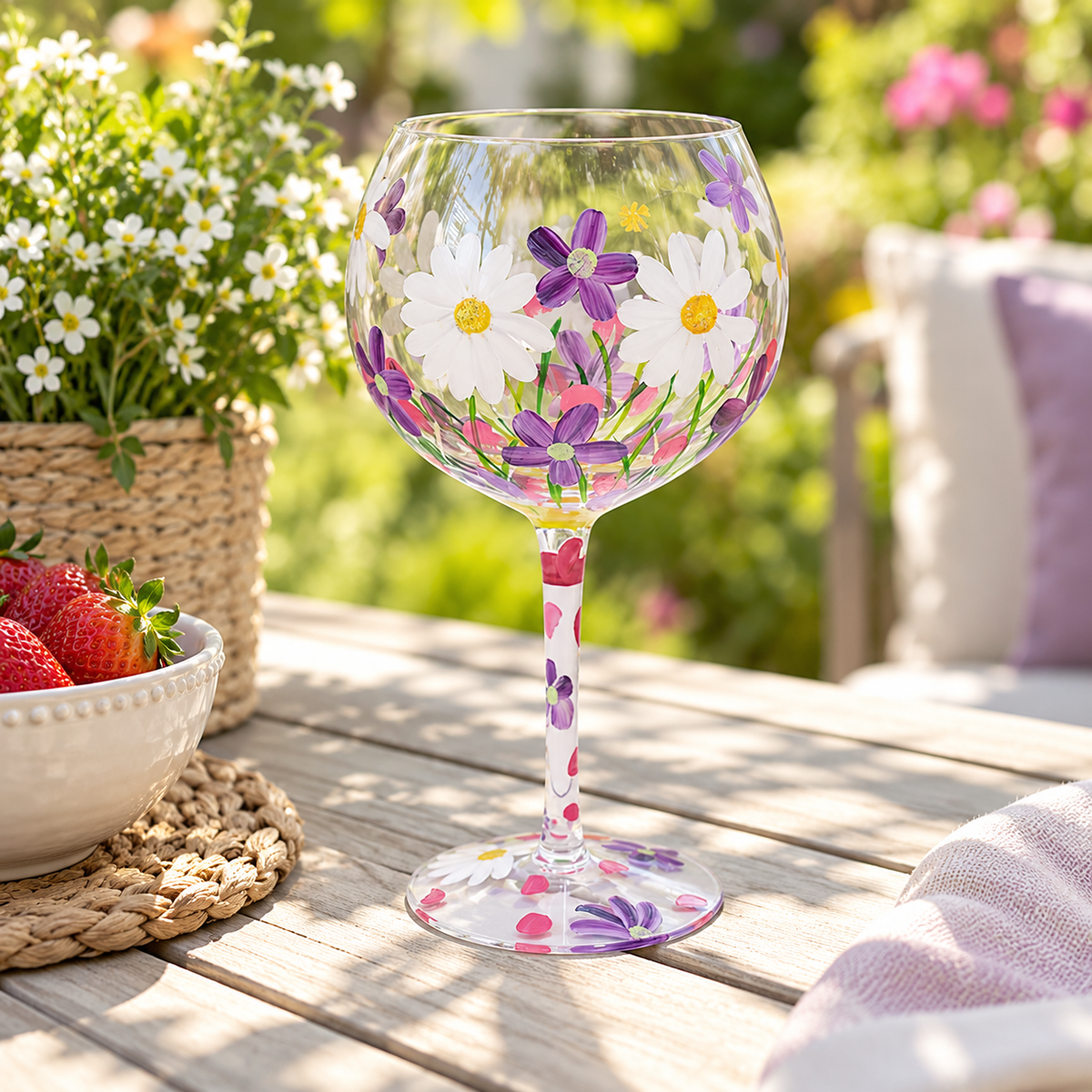 Hand Painted Gin Glass, Purple Daisies
