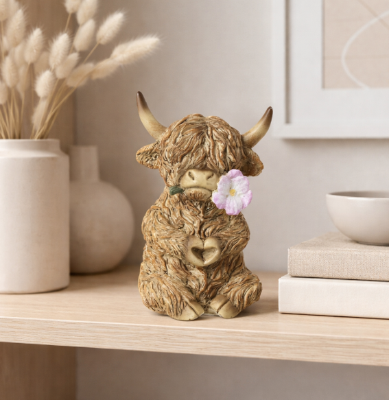 Resin Highland Cow With Flower Ornament