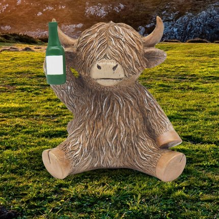 Highland cow with beer bottle