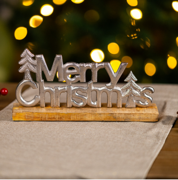 Silver Merry Christmas On Wood Base