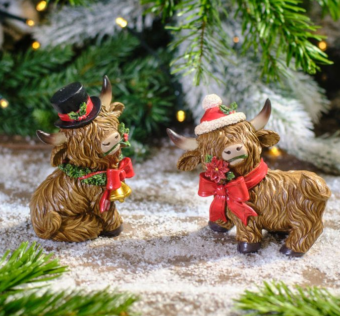 Resin Highland Cow With Hat & Scarf, 2 designs