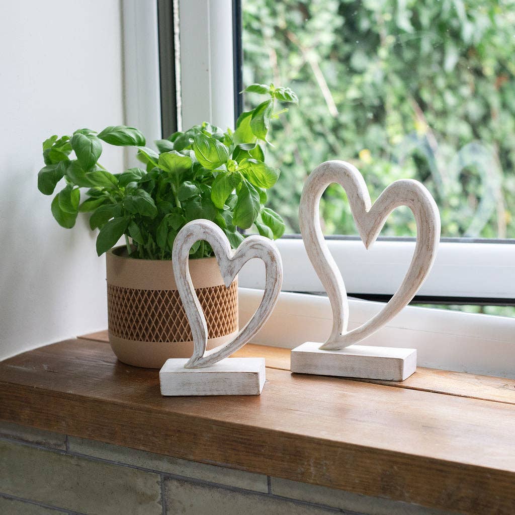 Decorative White Wooden, Hand-carved Heart