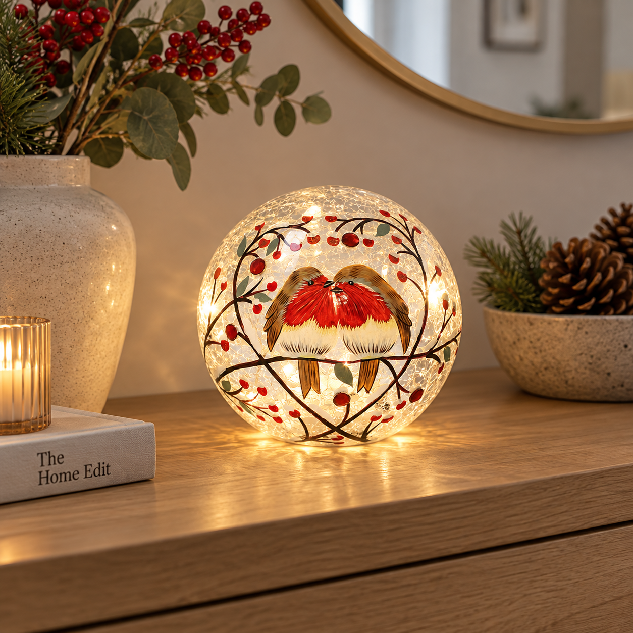 LED Heart Robin Crackle Ball, 12cm