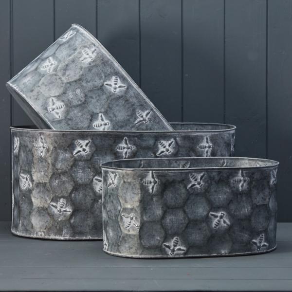 Set of Three Oval Bee Zinc Planters