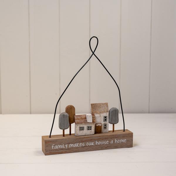 Wooden Hanging 'Family Makes Our House a Home' White House and Neutral Tree Sign L18xW3xH22cm