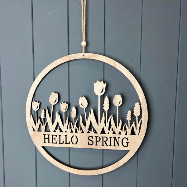 Round Wooden"Hello Spring" Wreath D30cm W0.5cm Weight-85g