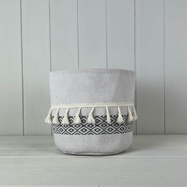 Large Cylinder White and Black Cotton Planter with Tassels (18cm) Weight-68g