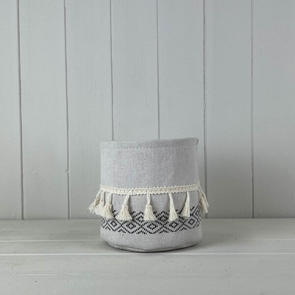 Medium Cylinder White and Black Cotton Planter with Tassels (14cm)