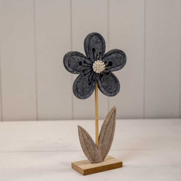 Grey Felt Flower on Wooden Base Decoration L10xW4xH22cm