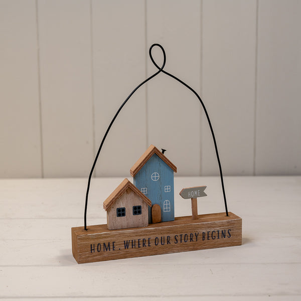Wooden Hanging Blue and Neutral Double House 'Home Where Our Story Begins' SignL18xW3xH22cm Weight