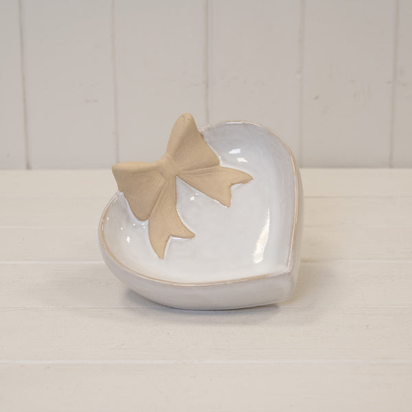 Heart Shaped Shallow Dish with Unglazed Bow Design 15.3cm