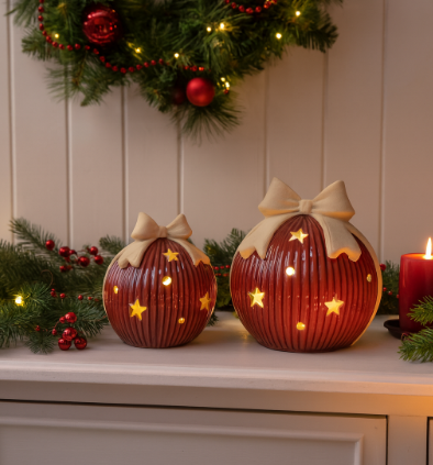 Red Ceramic LED Bauble with Bow (and 6hr timer) , 2 sizes