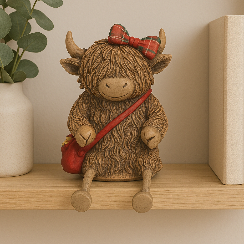 Shelf Sitting Highland Cow, Tartan Bow and Bag