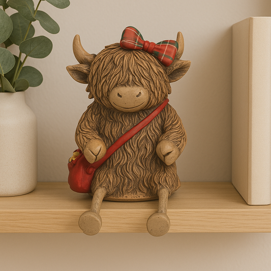 Shelf Sitting Highland Cow, Tartan Bow and Bag
