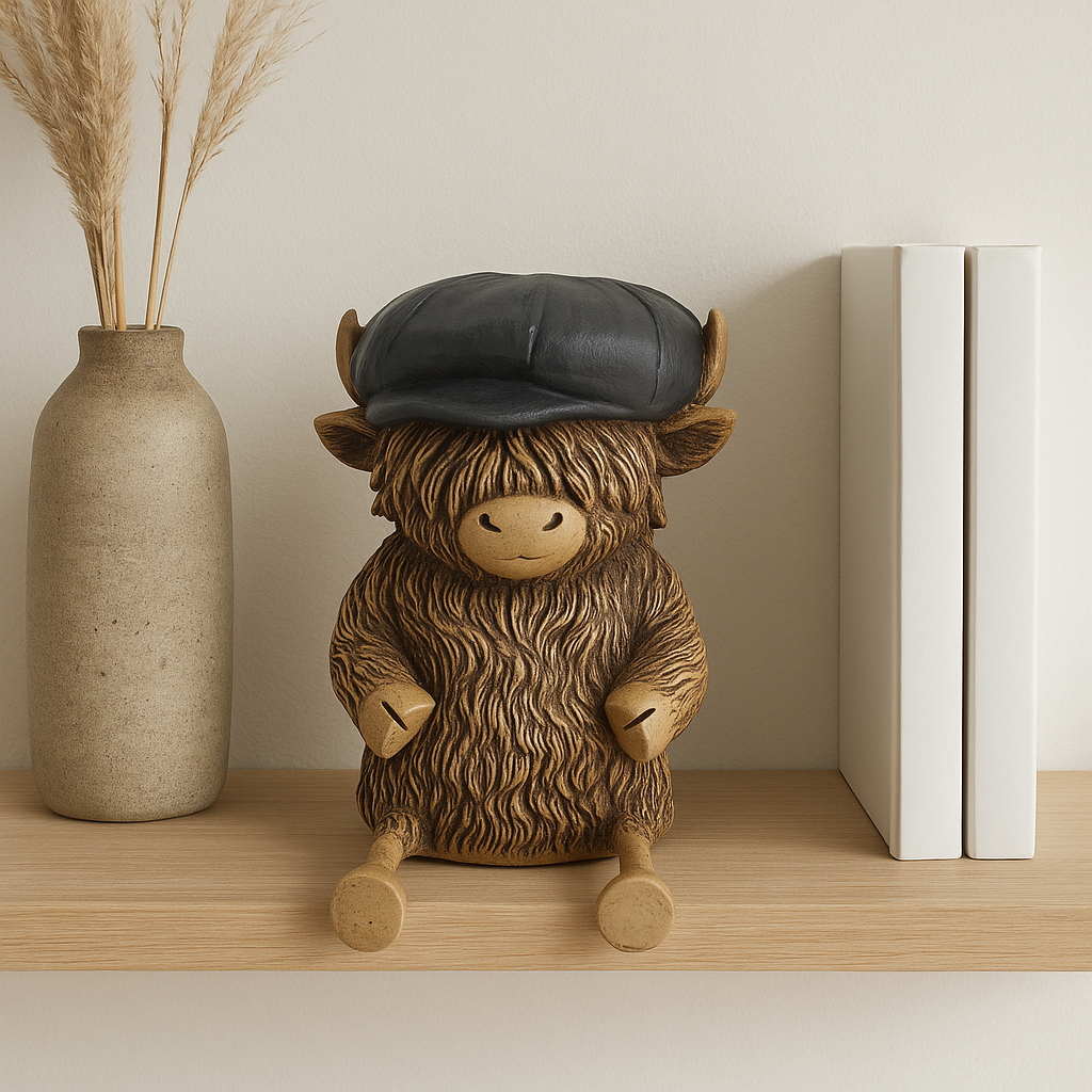 Shelf Sitting Highland Cow, Black Cap