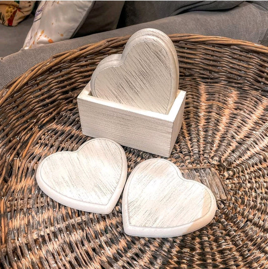 Rustic White Heart Coaster Set