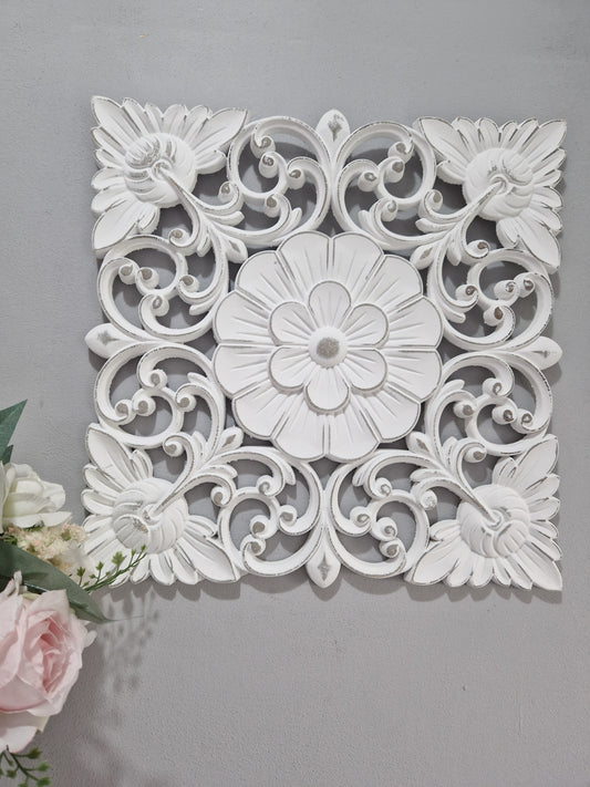 Flower White Carved Panel, 35cm