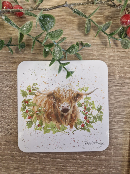 Highland Cow Christmas Coasters, set 4