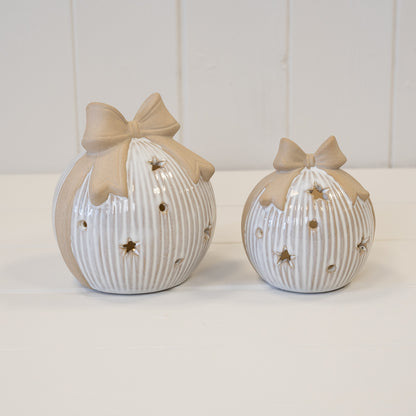 Ceramic Bow Topped ball, LED star cut out, 2 sizes