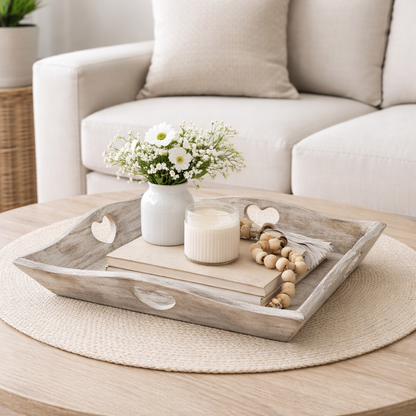 Rustic Wooden Heart Cut Out Tray, 36cm