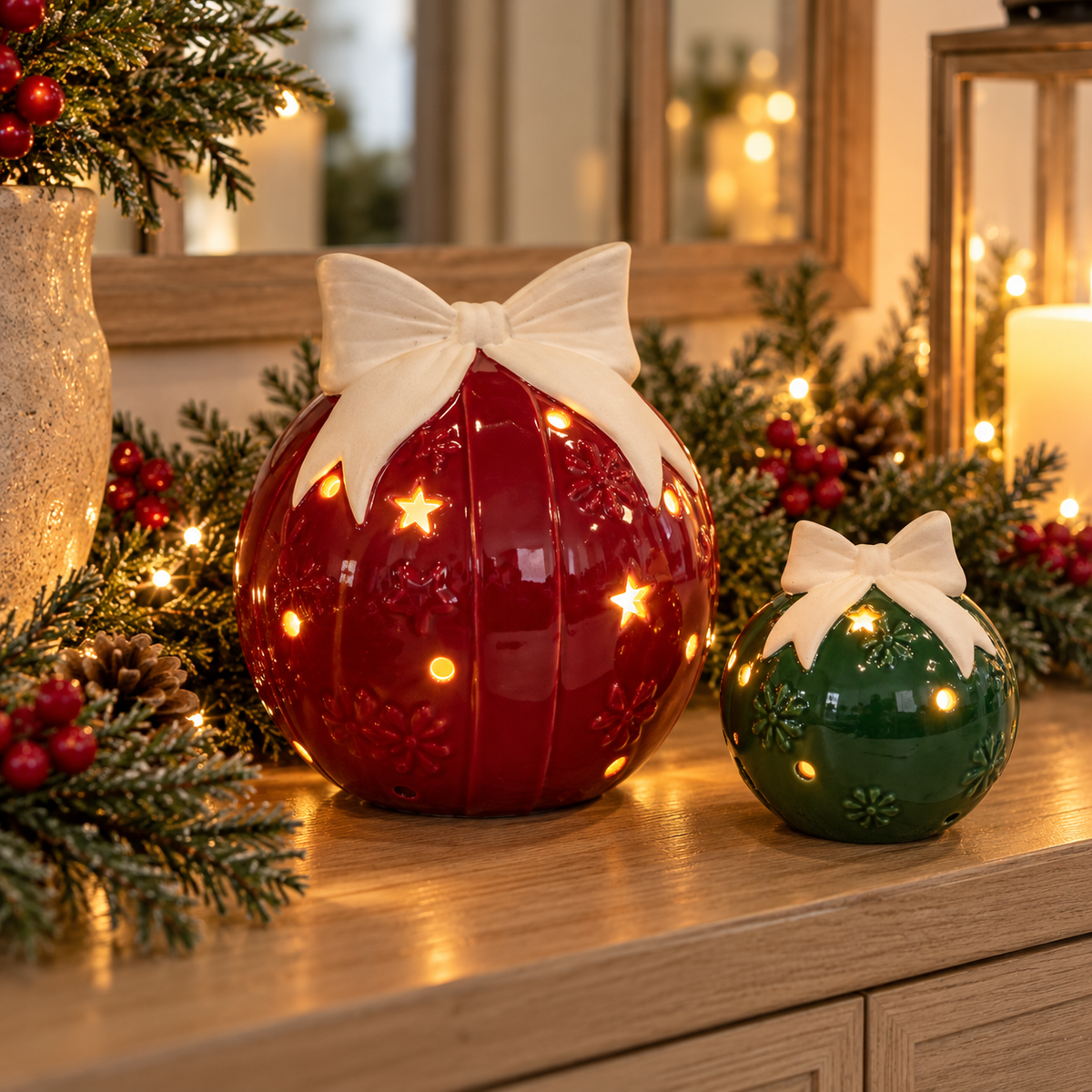 Ceramic LED baubles, with bows, 2 designs