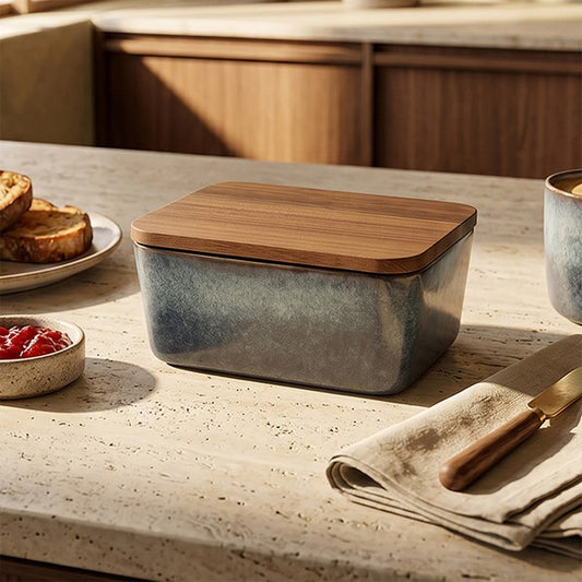 Speckled Butter Dish with wooden Lid