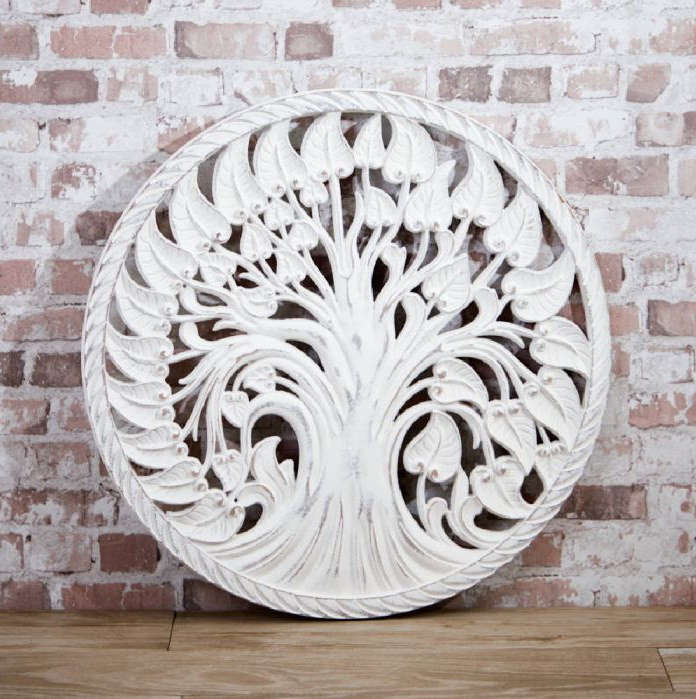 White carved tree round panel