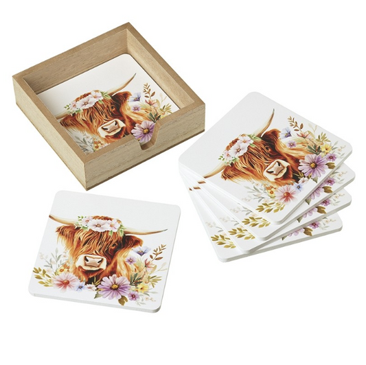 Floral Highland Cow Coasters Set 6