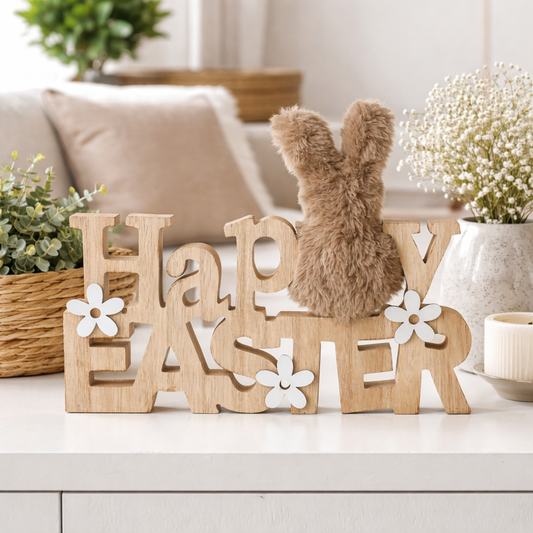 HAPPY EASTER WOODEN BLOCK WITH FUR BUNNY