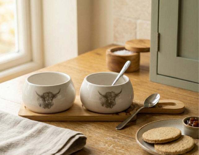 Highland Cow Nibble Bowls on Bamboo Tray
