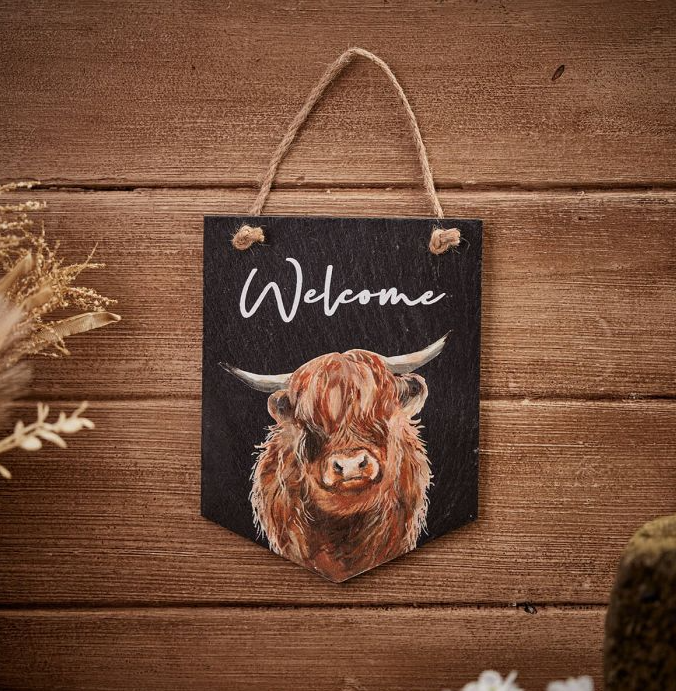 Highland Cow WELCOME slate hanger