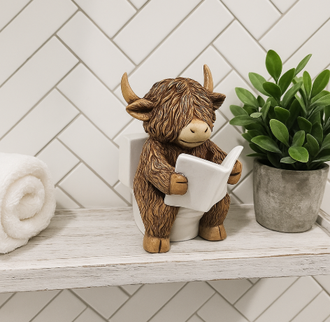 Highland Cow Reading Toilet Figure