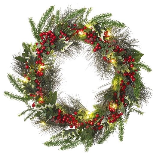 Light Up Berries & Green Wreath, 50cm