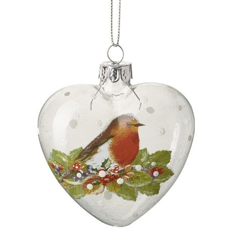 Glass Heart Robin Painted Bauble