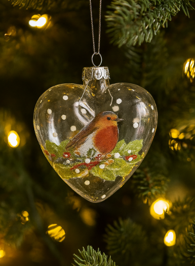 Glass Heart Robin Painted Bauble