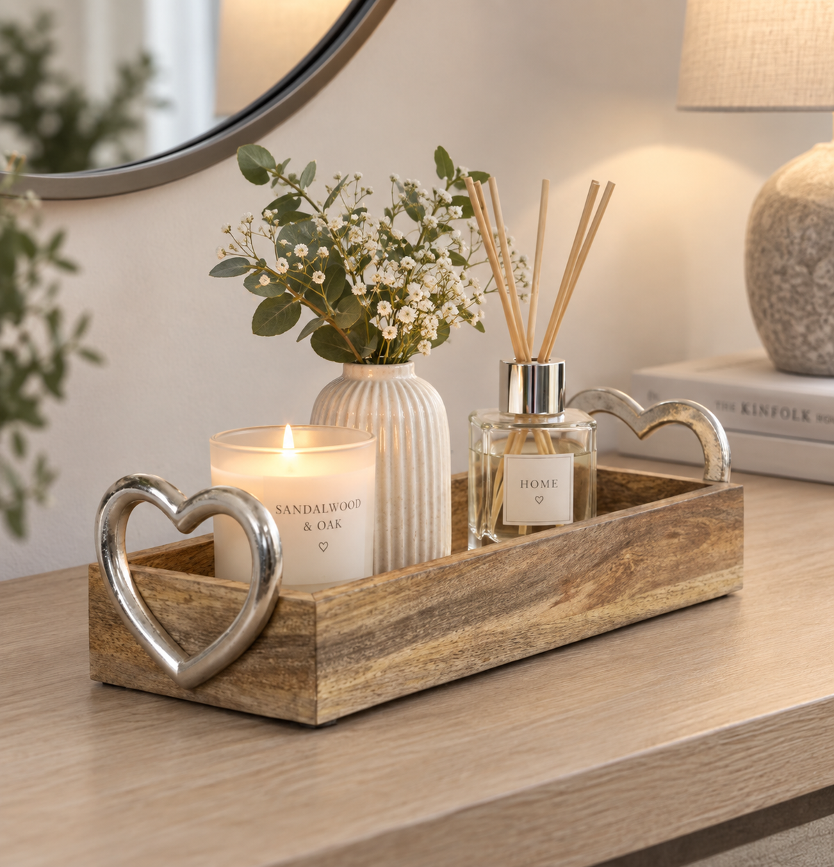 Wood Tray With Silver Heart Handles, 32cm