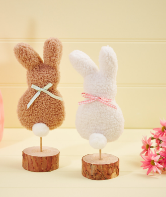 Teddy Fleece Fluffy Bunny on wooden stand