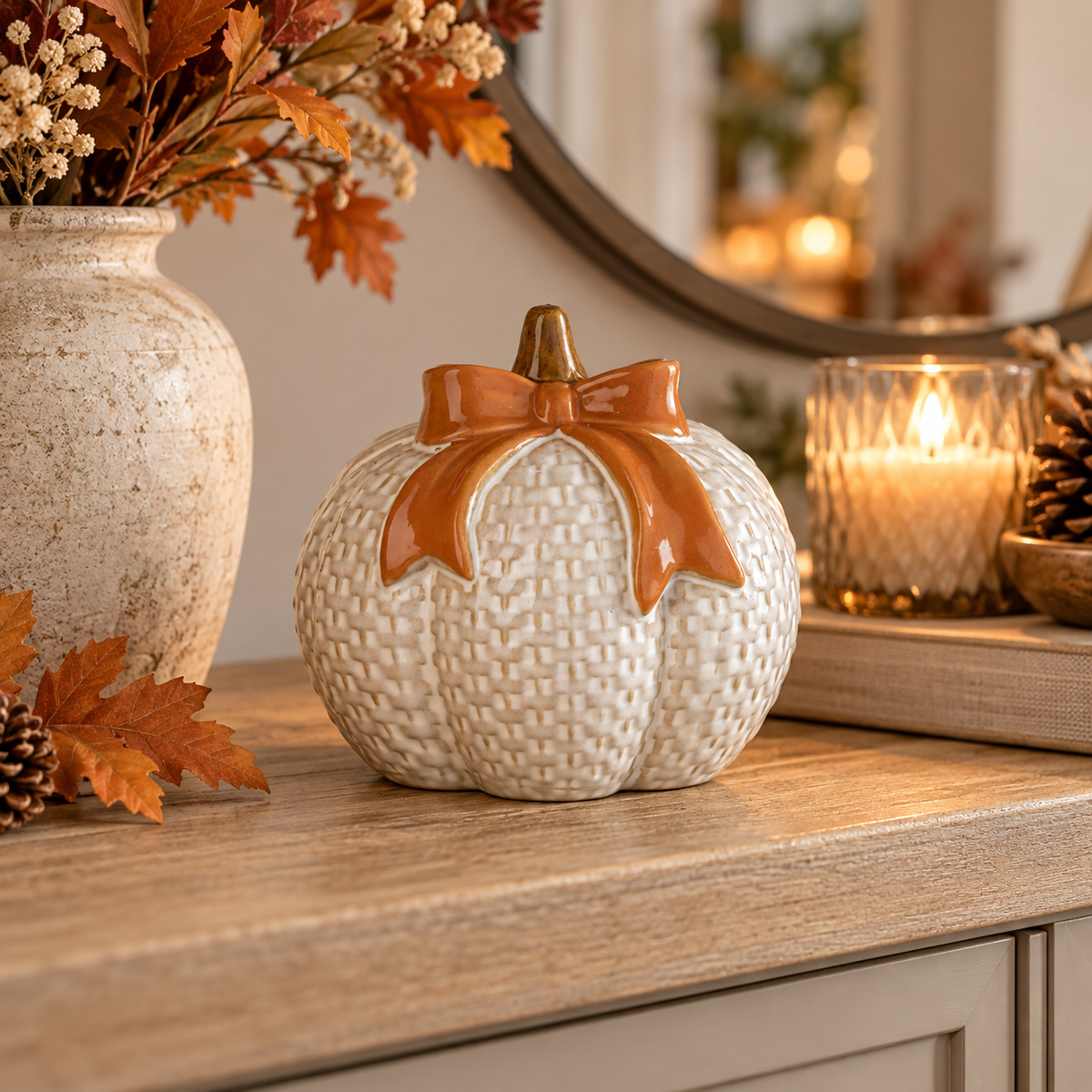 White Pumpkin with Orange Bow