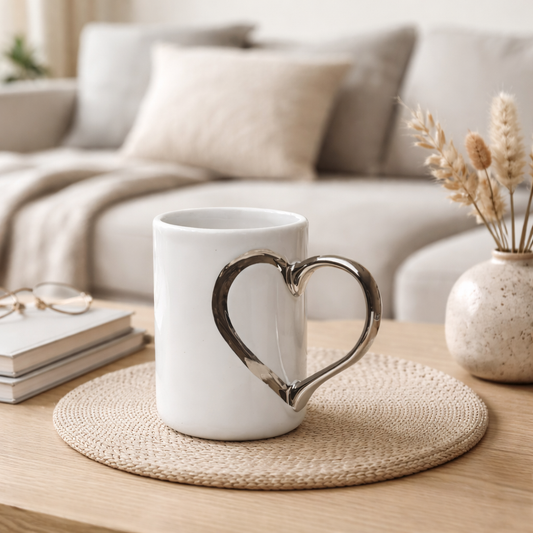 White Mug with Silver Heart Handle