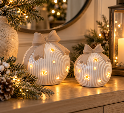 Ceramic Bow Topped ball, LED star cut out, 2 sizes