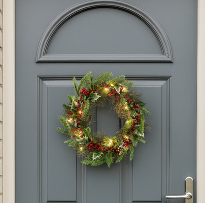 Light Up Berries & Green Wreath, 50cm