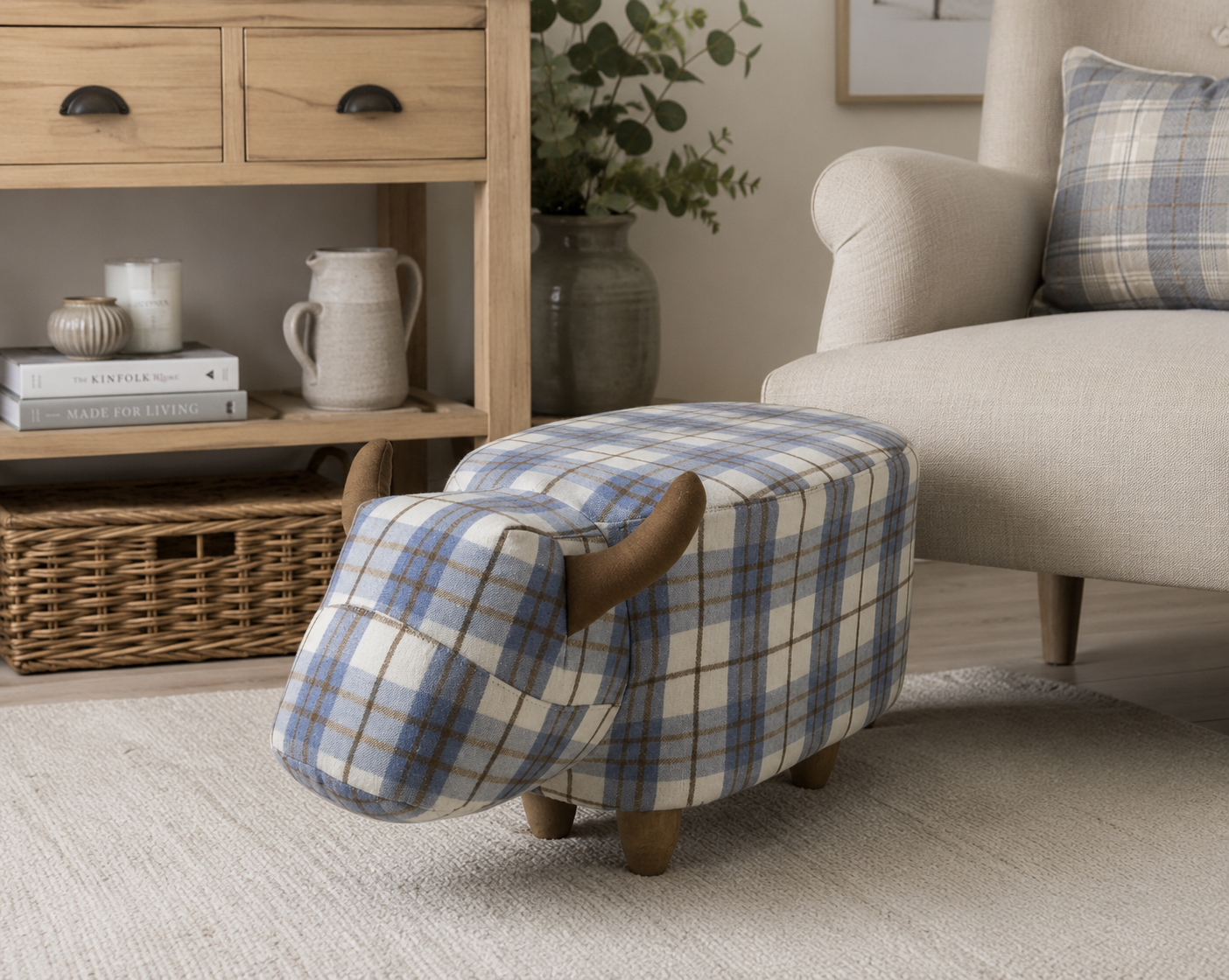 Blue Tartan Cow footstool with wooden legs