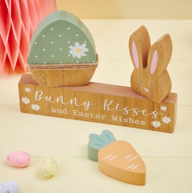 Bunny Kisses Wooden Block with egg and carrot