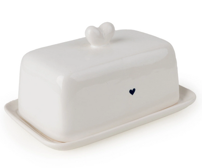 Ceramic Heart Butter Dish, White/Navy