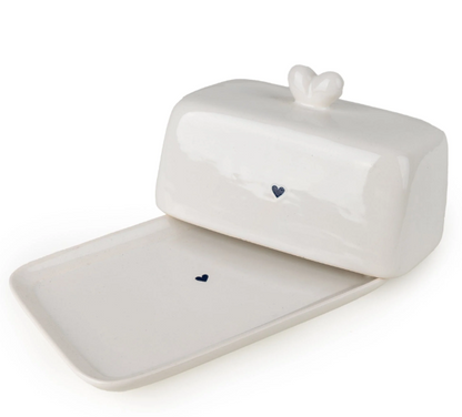 Ceramic Heart Butter Dish, White/Navy