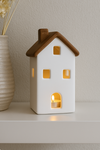 White/Wood Ceramic Tealight House