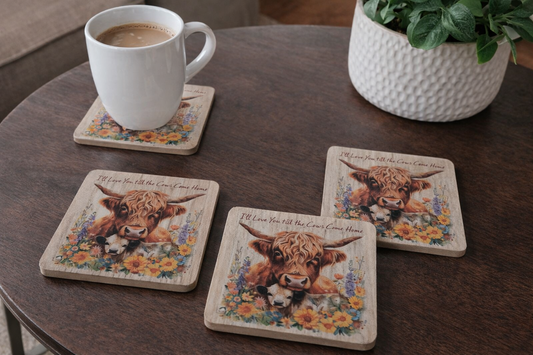 Highland Cow Wooden Coaster Set 4