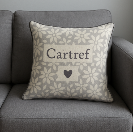 Welsh 'Cartref' Grey and white floral cushion
