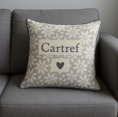 Welsh 'Cartref' Grey and white floral cushion